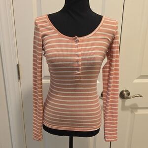 SHEIN Peach and White Striped Long Sleeve Top